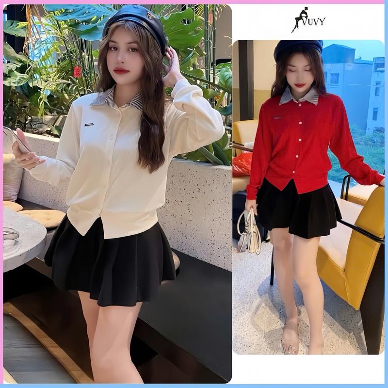 Áo kiểu nữ tay dài cổ sơ mi vải nỉ tăm dày dặn co dãn phong cách Hàn quốc Women Top At78