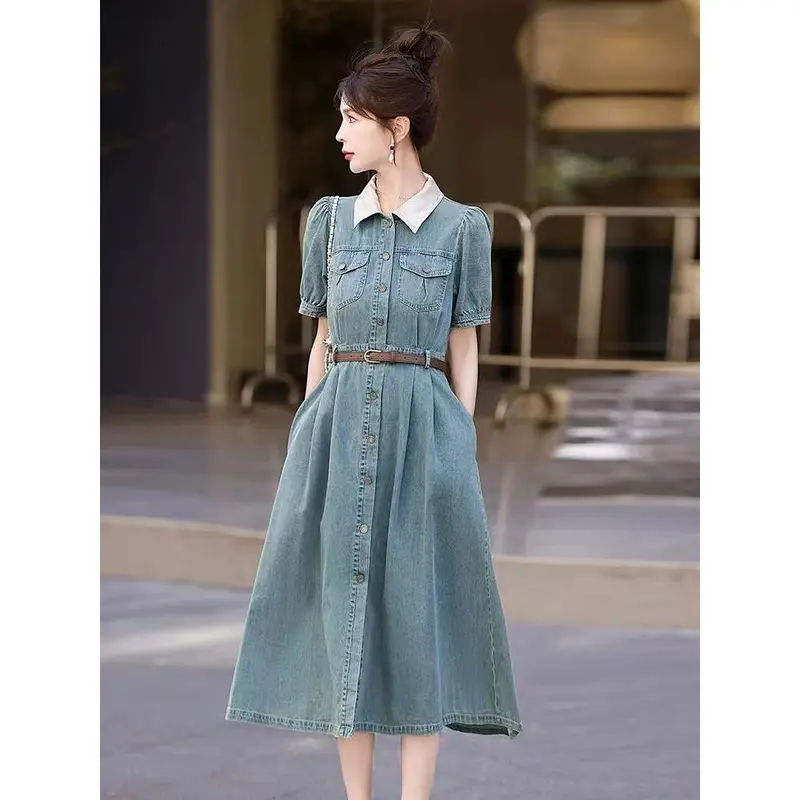 Đầm Denim, Phong Cách Cổ Điển, ngắn Tay, Dành Cho Nữ, Mỏng, Thích Hợp Cho Mùa Hè 3