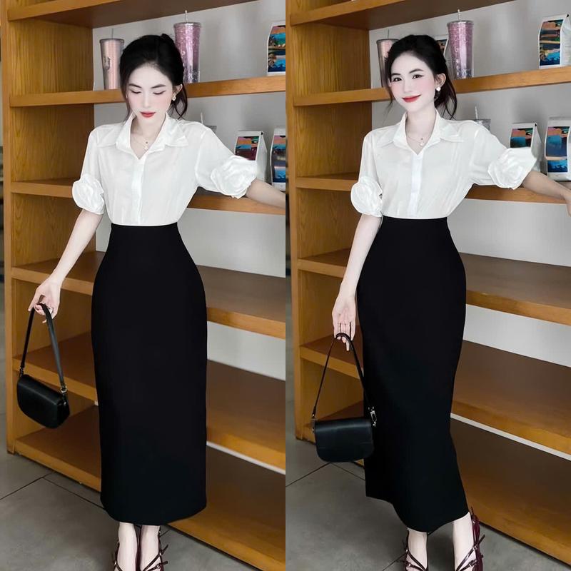 set áo sơ mi tay dài mix chân váy đen dài tôn dáng, cá tính thời trang nữ công sở