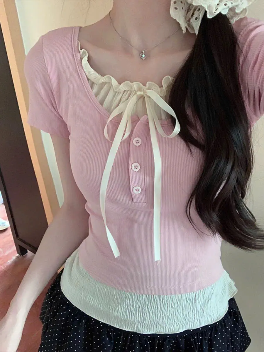 Áo thun ôm cổ bèo buộc nơ ngắn tay bo 2 màu Anie