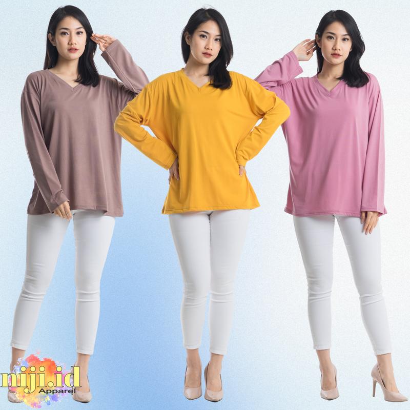 Atasan V-Neck Jumbo Xxl Panjang / Kaos Polos Basic Vneck Panjang / T-Shirt / Atasan Pakaian Wanita Fit Oversize Soft Spandex 0