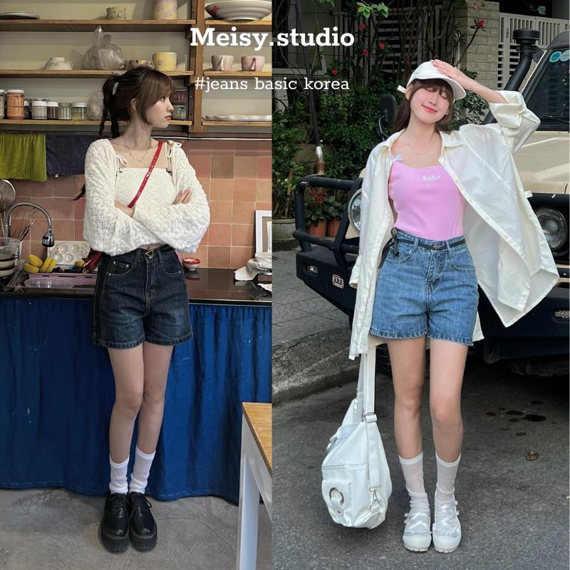 Quần jean short bò nữ không co giãn ống rộng cạp lưng cao hoạ tiết màu than đen Meisy short2v Women