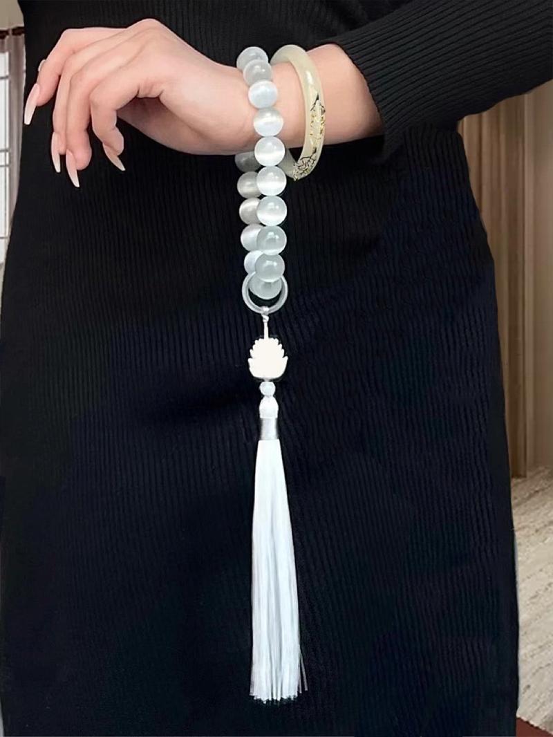 Product Introduction of Ancient Style White Moonlight - Cat's Eye Stone Handheld She Tai Cui Hanfu Tassel Hand Spinner Ancient Style Cultural Play Soft Bracelet for Men 5