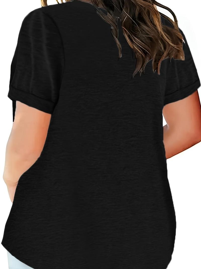 Product Introduction of 【Plus Size】 Plain Button Front Pocket Round Neck Tee, Casual Fashion Short Sleeve T-Shirt for Summer, Women's Plus Clothing for Daily Wear 6