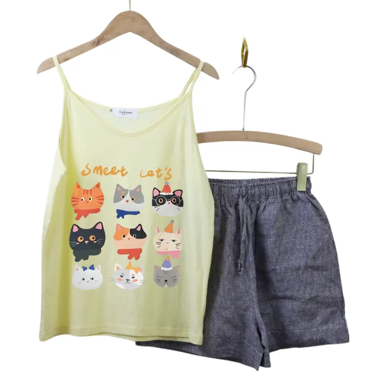 Set Đồ Nữ 2 Dây, Quần Short Kẻ Ô Linen Anhstore, Phom Rộng, In Hình Dễ Thương - Áo Nữ - Women Nhung Top Thun 5