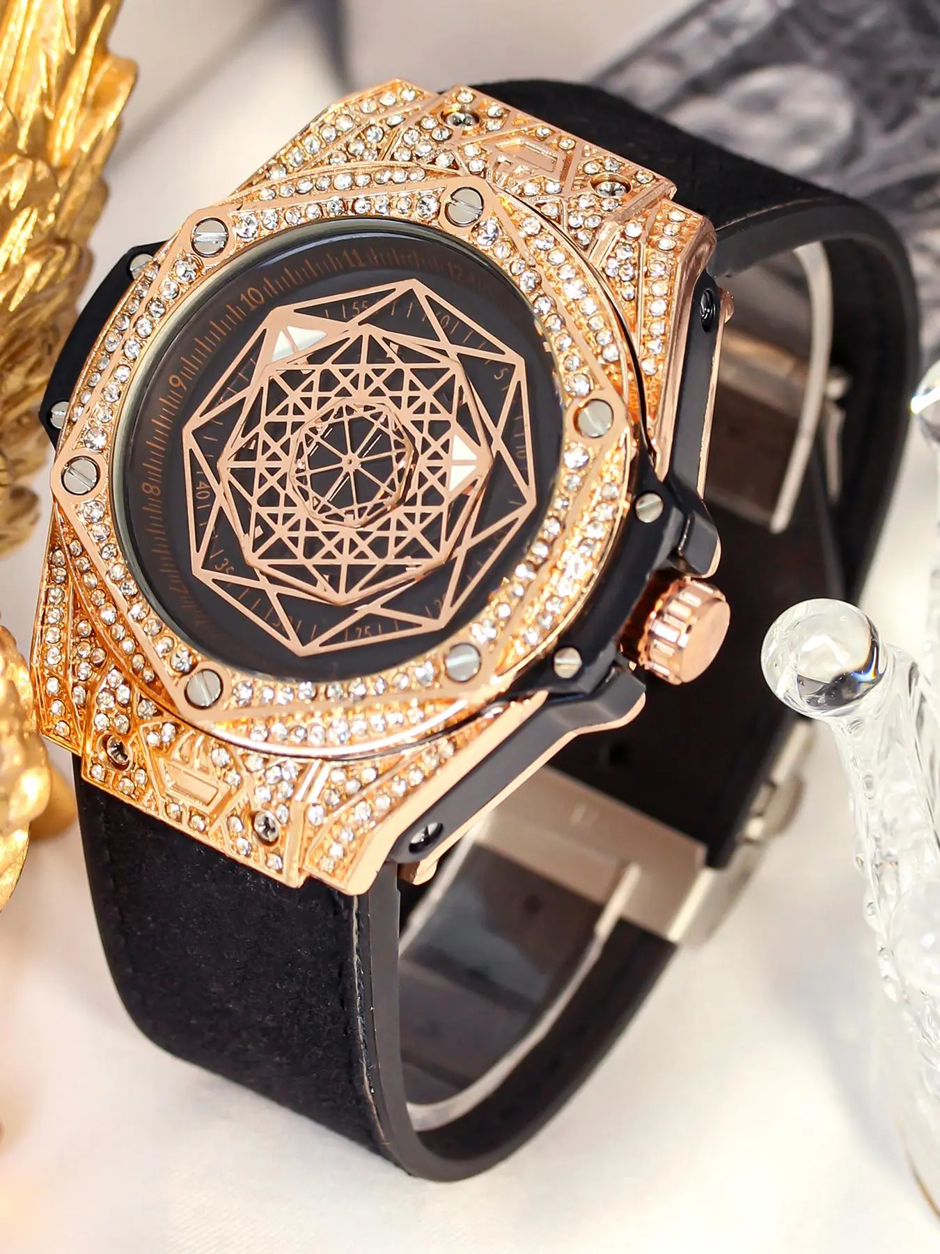 Men's Fashion Rhinestone Decorated Analog Quartz Watch, Fashion Watch for Party, Daily Clothing Decor, Trendy All-match & Exquisite Watch for Birthday Gift with Box