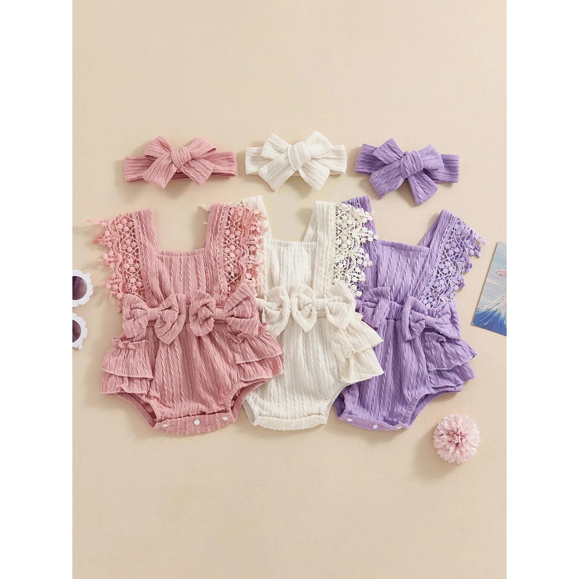 Áo Jumpsuit Quần Cơ Bản Mùa Hè Cho Em Bé Gái Trẻ Sơ Sinh, Thiết Kế Đáng Yêu Hàng Ngày, Tay Áo Ren, Cổ Vuông, Áo Liền Quần Có Nơ, Kèm Băng Đô, Thích Hợp Cho 0 3 6 12 18 Tháng
