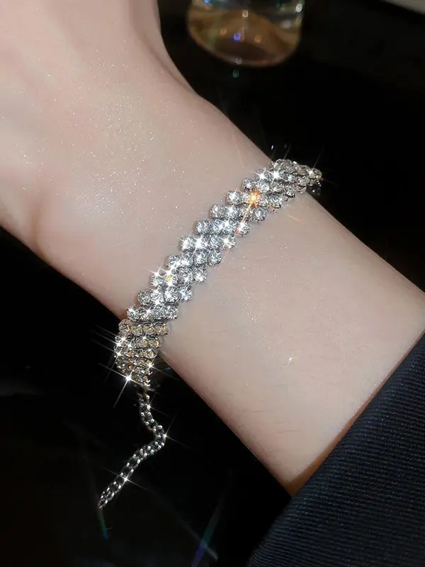 Rhombus Rhinestone Decor Tennis Link Bracelet, Fashionable Elastic Bracelet For Women For Party, Daily Clothing Decor For Girl 2