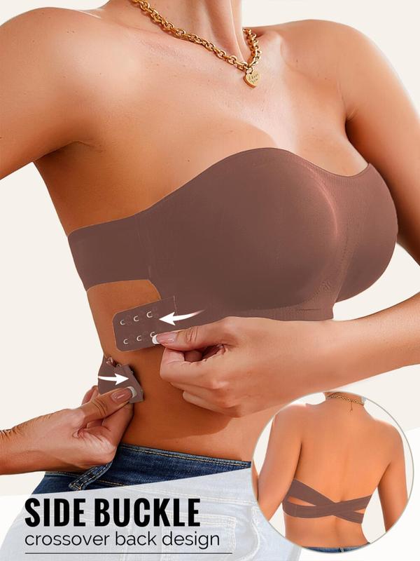 Women's Solid Color Buckle Side Criss Cross Bandeau Bra, Push Up Strapless Bra, Soft Comfortable Breathable Lingerie for Daily Wear, Bras Women 1