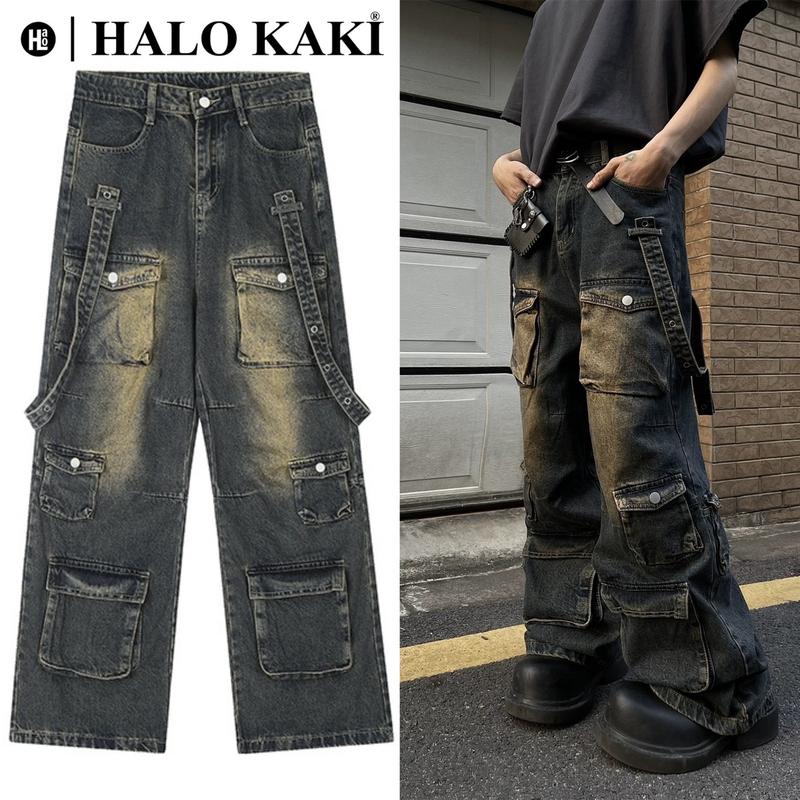 Product Introduction of JEANS STRAP BOX (8 Túi hộp phối đai) - Quần jeans ống rộng phủ gót chùm giày halo kaki Pants Kem Nữ Denim Ong 7