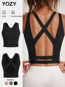 YOZY-GOOO Women's Solid Criss Cross Backless Tank Top, Solid Color Round Neck Sleeveless Sports Top, Ladies Sportswear for Indoor Outdoor Wear, Fall & Winter Clothes