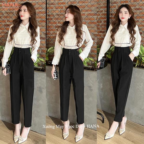 Quần tây nữ lưng cao đi học làm công sở 3 nút cài màu Đen Kem dáng quần baggy nữ cạp cao công sở vải dày mềm co giãn nhẹ