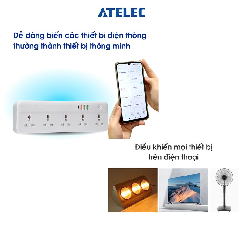 (23) Ổ cắm wifi dài thông minh ATELEC OC09 - 5 cổng - Kết nối không dây qua Wifi, Điều khiển độc lập qua APP Sạc nhanh USB max 20W 1