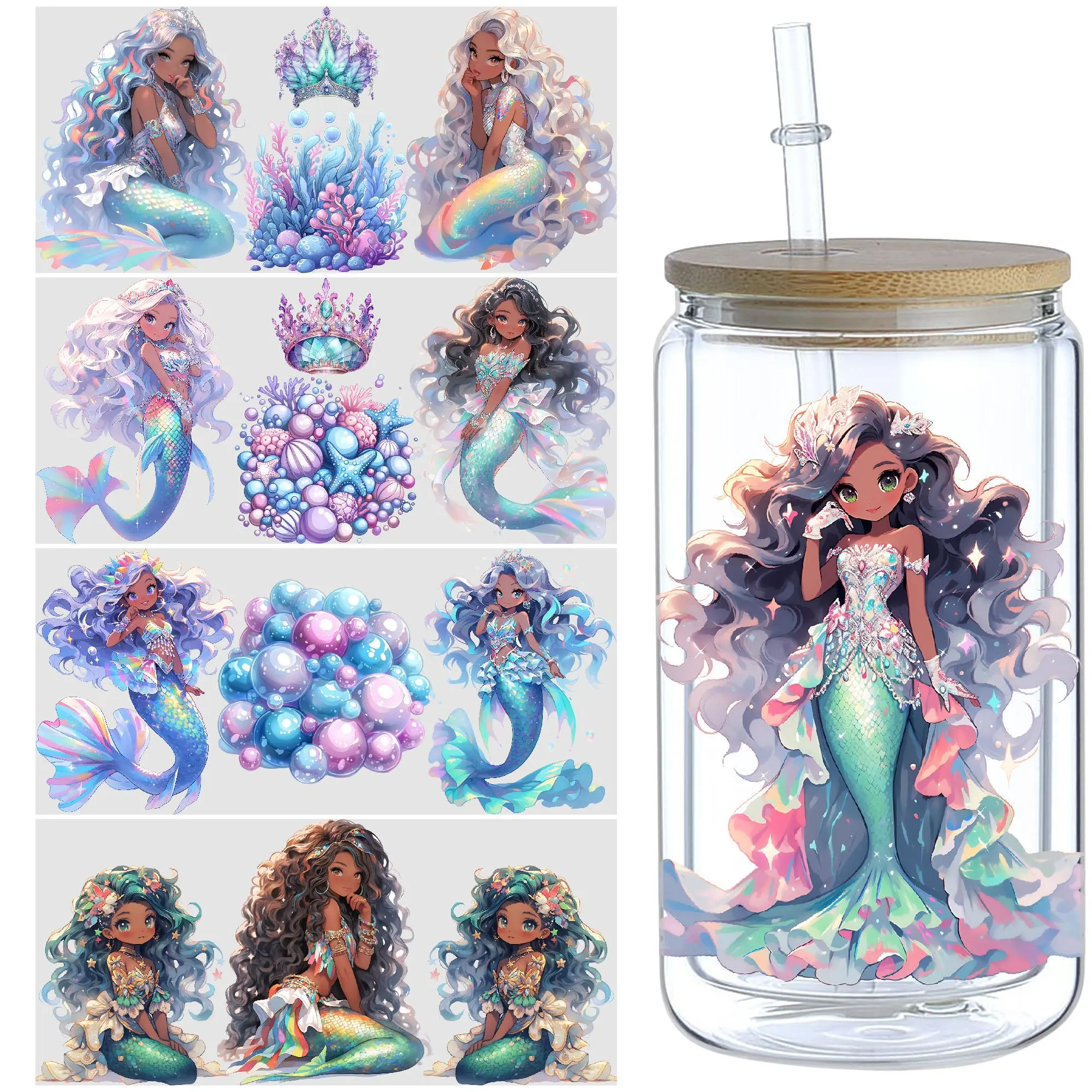 Mermaid Pattern UV DTF Cup Sleeve, 5 Counts/set Waterproof Sticker, Friction Transfer Sticker for Water Bottle, Furniture Crafts