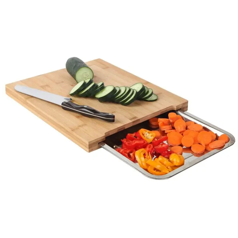 Taylor & Brown Bamboo Organic Wooden Chopping Board Kitchen Cutting Slicing with Sliding Stainless Steel Tray for Food Prep, Meat, Vegetables & Bread, 35cm x 24cm x 4cm 3