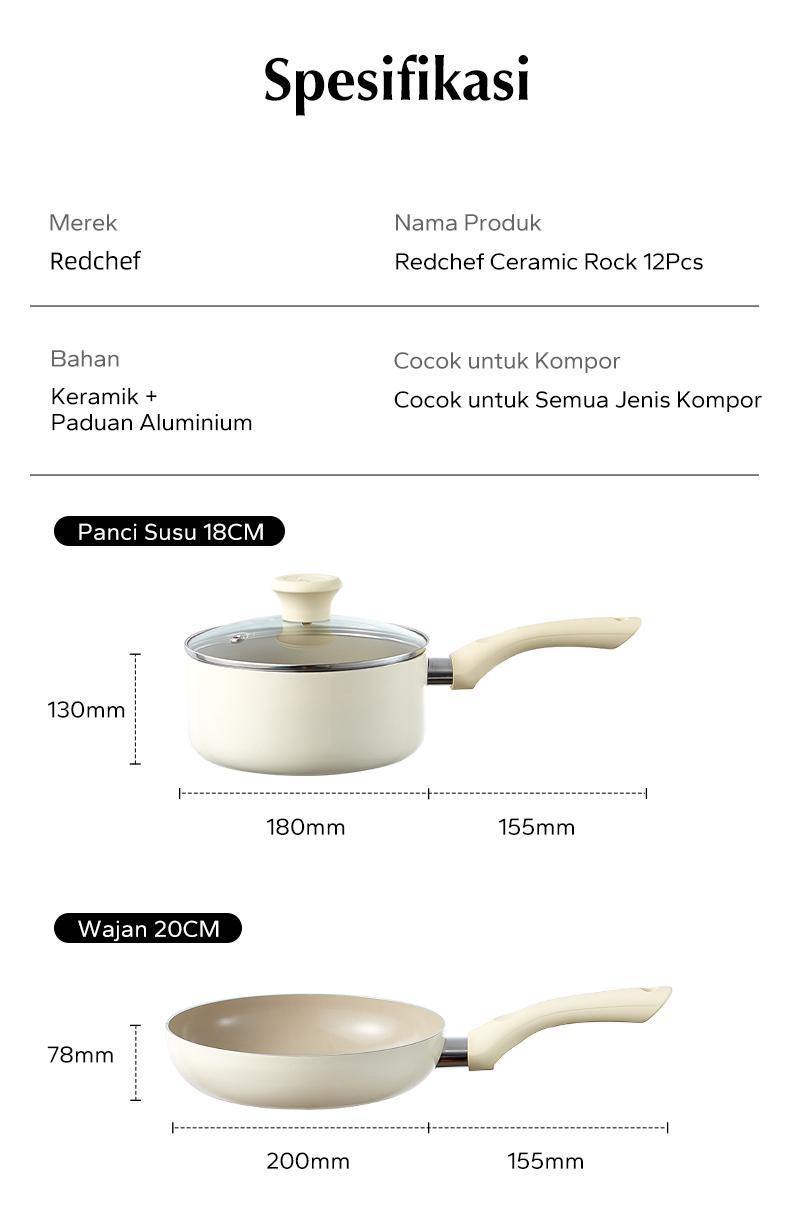 Redchef Nonstick Ceramic Rock 12 Pcs Peralatan Masak Set Non PFAS & PTFE & PFOA Cocok untuk Semua Kompor Wok Penggorengan Panci Induksi Tutup Panci Panci keramik peralatan dapur - 12 Buah Set