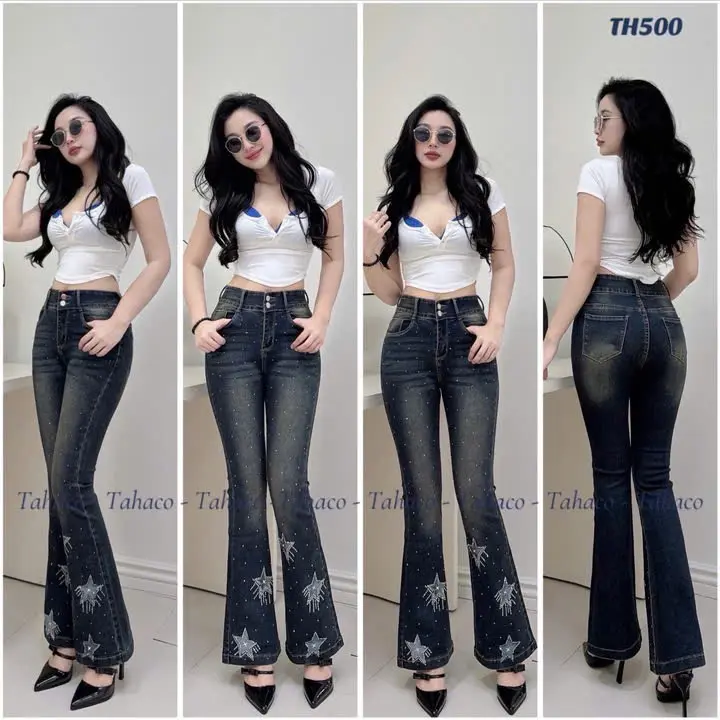 Quần jean nữ loe, thêu sao ép đá, màu xanh rêu, TAHACO