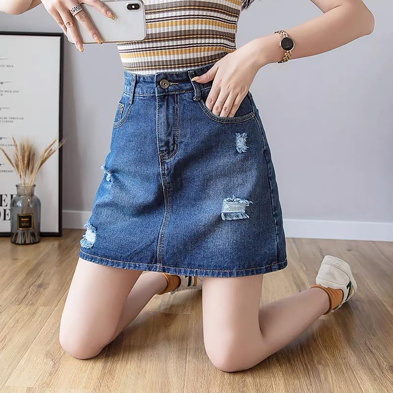 Thời Trang BigSize Quần Váy Jean Nữ BigSize Bên Trong Có Quần Bảo Hộ Lưng Cao Không Co Dãn Chân Váy Ngắn Chữ A 0045 0051 Women Cotton Voan