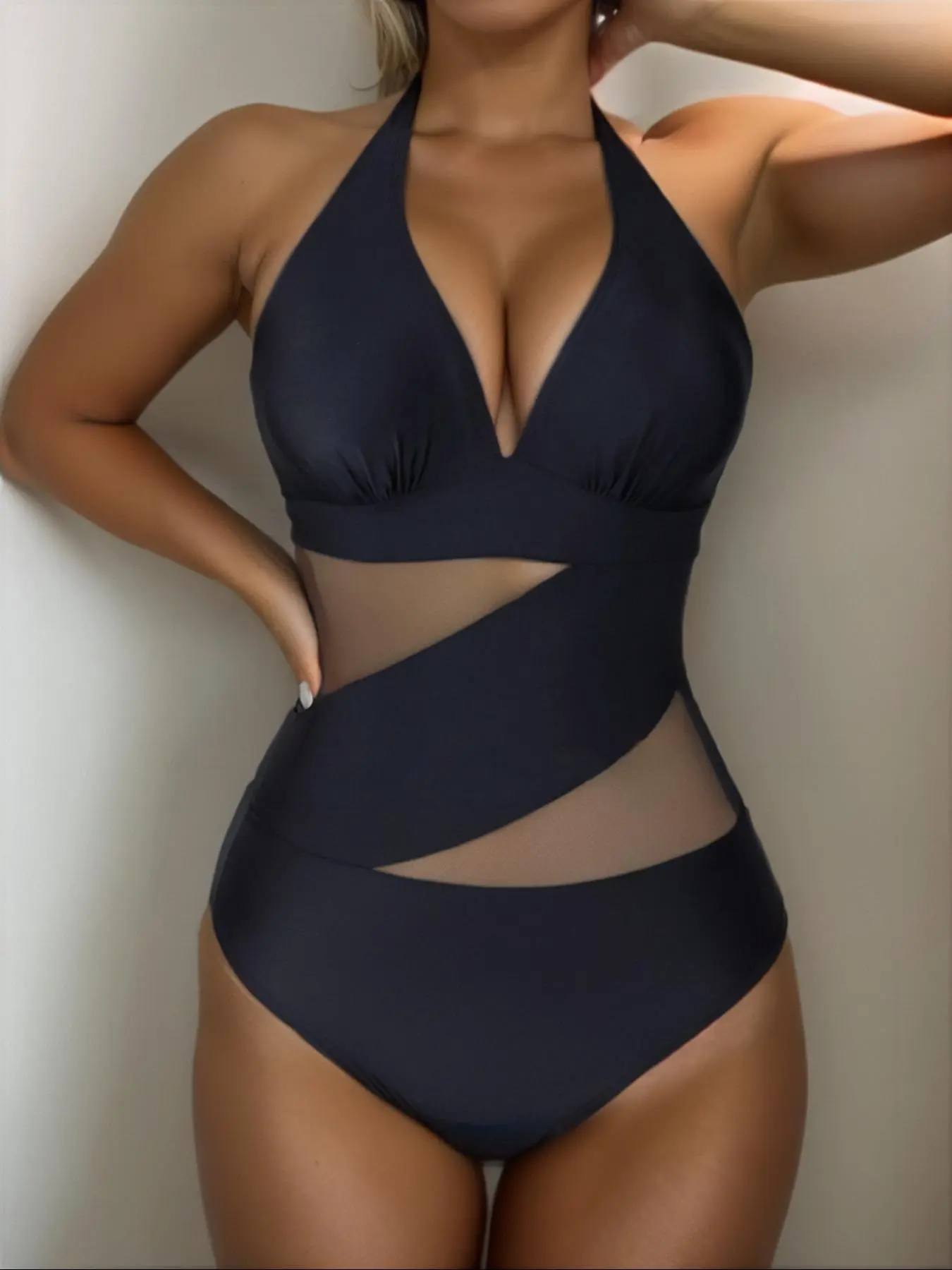 Women's Solid Tie Back Halter One-piece Swimsuit, Casual Sleeveless Swimwear for Summer, Ladies Swimsuit for Beach Holiday Vacation
