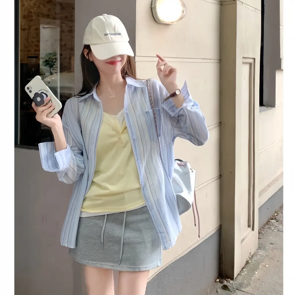 [  QIHO ] Áo kiểu nữ sơ mi dài tay kẻ sọc chất đũi 2 màu xinh pastel Qiho Women Shirt Top Kem | BigBuy360 - bigbuy360.vn