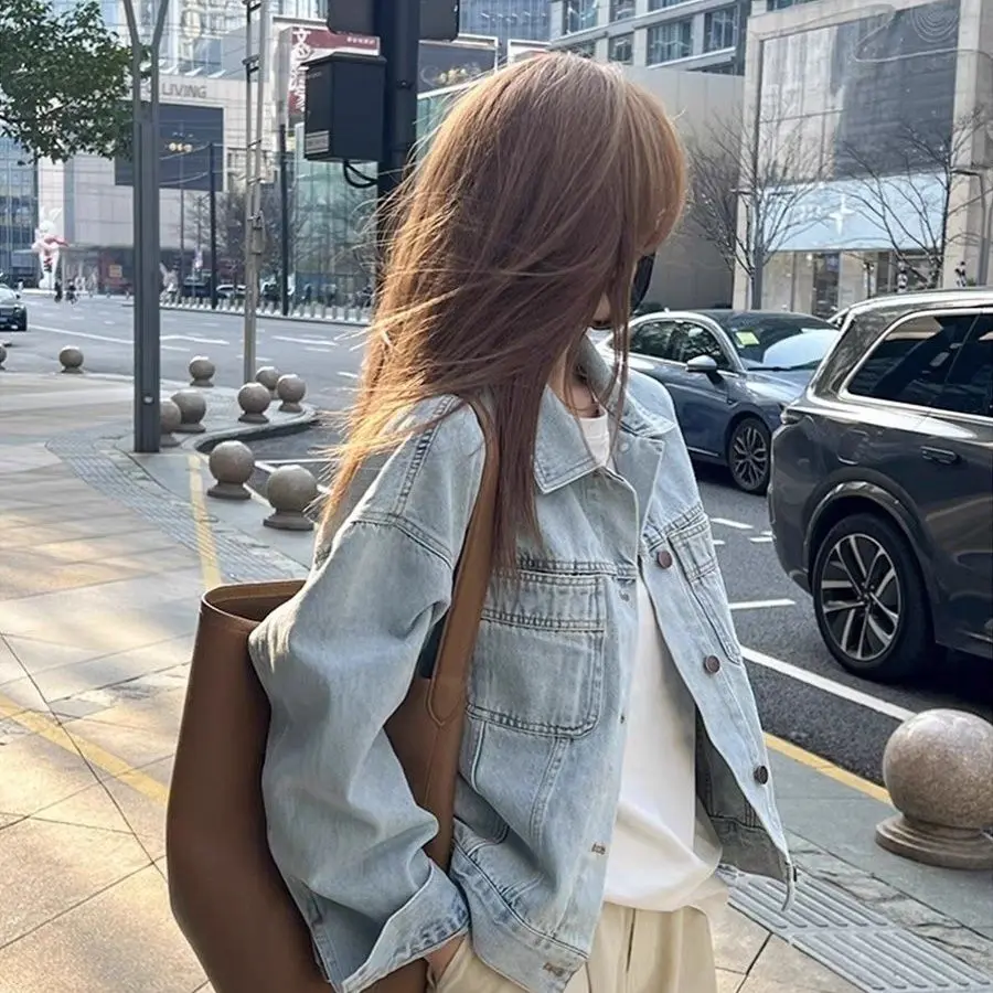 Áo Khoác Denim Cổ Điển Phong Cách Instagram Người Nổi Tiếng Trên Internet, Chất Liệu Cotton Đã Giặt, Dành Cho Nữ, Thích Hợp Cho Mùa Xuân Và Mùa Thu, Mỏng Và Phong Cách Hàn Quốc, Dáng Rộng Vừa Vặn, Áo Sơ Mi ngắn Tay Và Dài, Phong Cách Âu Mỹ