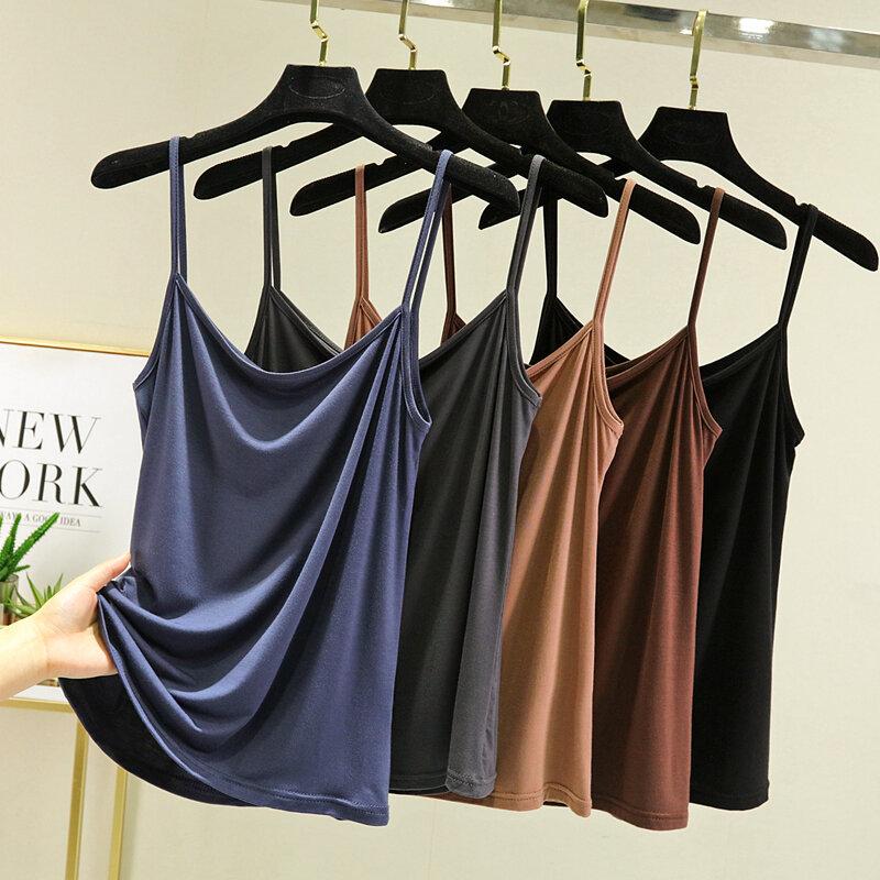Áo Hai Dây Nhỏ Chất Liệu Vải Modal, Không Tay Mùa Hè Cho Nữ, Phối Bên Trong, Mỏng Vừa Vặn, Áo Lớp Nền, Ngoại Cỡ, Áo Mỏng, Màu Trơn Thích Hợp Mặc Bên Trong, Kiểu Áo Vest Top Women Tua Rua Sò Cổ Tròn 3