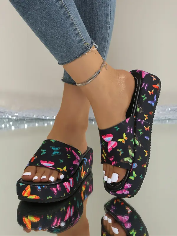 Women's Fashionable Butterfly Pattern Slippers, Casual Comfortable Flat Sandals for Beach, Outdoor, Daily Wear 0