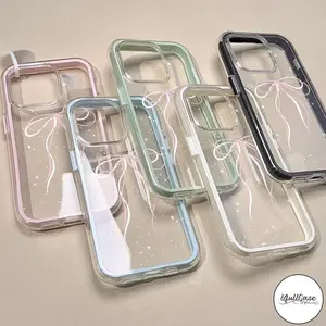 Case Hp Kompatibel Untuk IPhone 14Plus 16Pro 16Plus 15Plus 16 11 13 15 12 14 Pro Pita Simpul Merah Muda Manis Dan Menawan 2 in 1 Bumper Penutup Telepon TPU Silikon Lembut