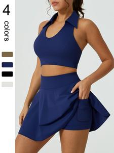 2 piece set women's sports suit cool and refreshing with ribbed lapel vest short skirt with built-in anti glare base shorts side pocket design slim fit yoga suit gym training outdoor running tennis skirt golf fashionable and comfortable sports suit set