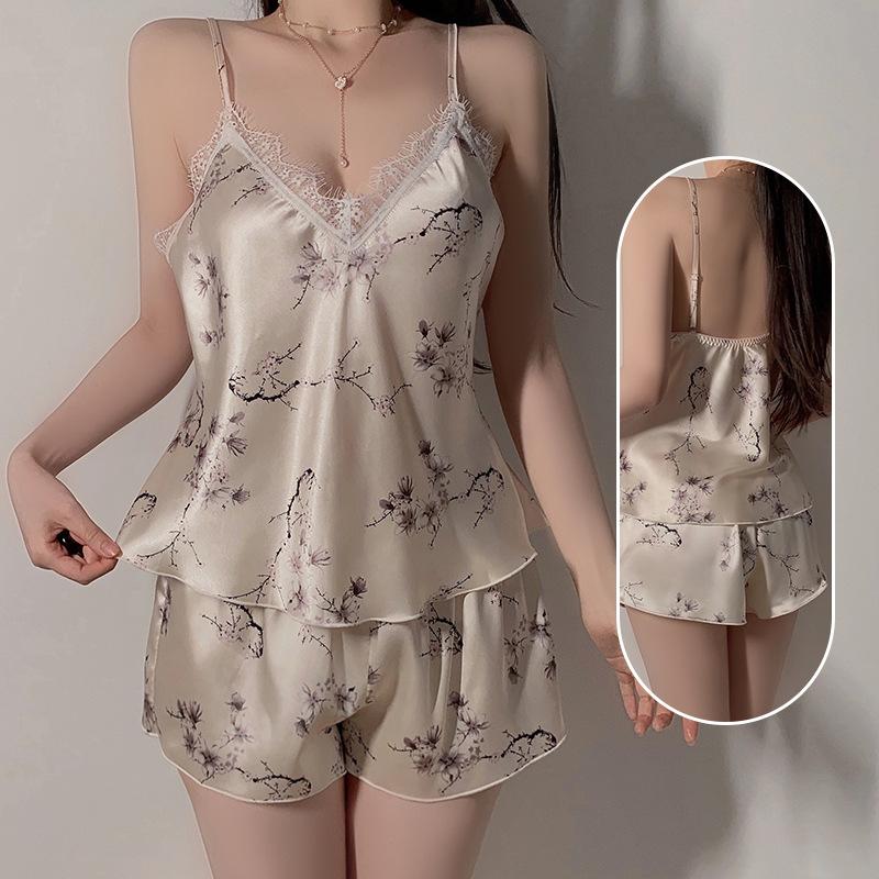 Bộ Đồ Ngủ Nữ Satin, Thiết Kế Chữ V Sâu Gợi Cảm, Ren In Họa Tiết Ngọt Ngào Và Vải Tuyn, Hở Lưng, Áo Hai Dây Và Quần Đùi, Quần Áo Mặc Nhà, Bộ Đồ Hai Mảnh, Ngoại Cỡ, Ôm Sát Eo Bó Sát, Hàng Mới Về Mùa Hè Quần Ngủ Women