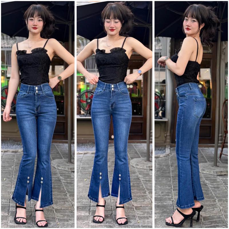 Quần Jean Ulee Xẻ Tà Hack Dáng Ống Loe 9 Tấc Co Giãn - Nữ