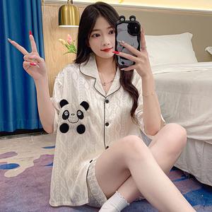 Set Piyama Sutera Ais Jacquard, Kardigan Lengan Pendek Bernafas dengan Kolar dan Cetakan Kartun, Pakaian Ruang Tidur Ringan Musim Panas, untuk Relaksasi Rumah dan Pakaian Tidur, Penting