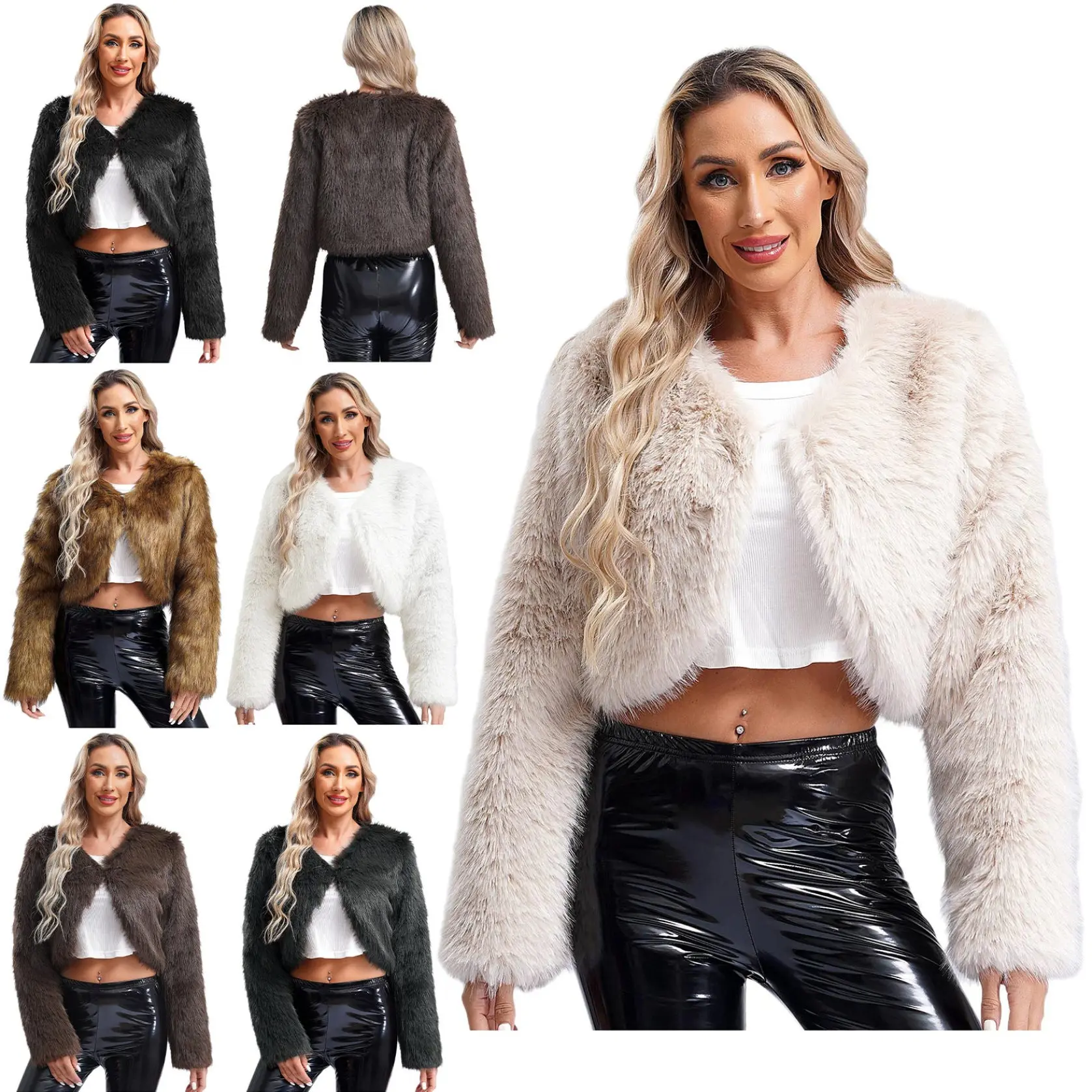 HULIJA Womens Faux Fur Coat Cropped Long Sleeve Shaggy Jacket Open Front Winter Warm Cardigan Outerwear