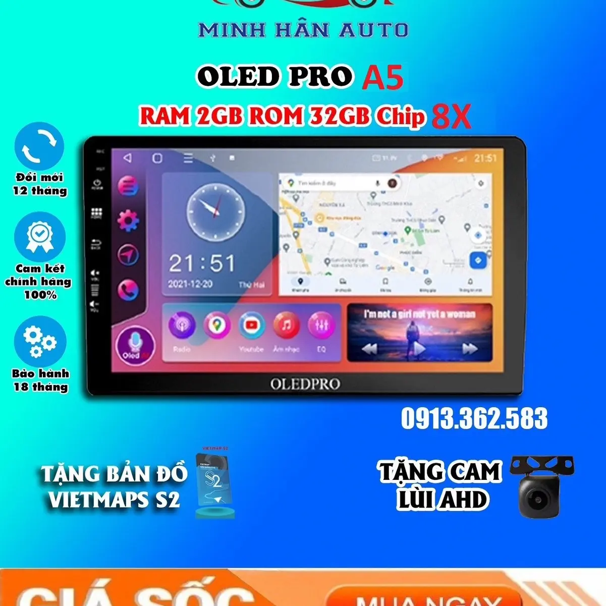 Màn Hình Dvd Android OLEDPRO A5 Cho Ô Tô Ram 2G-32G,8X,Lắp Sim 4G, Vô Lăng, Ra Lệnh Giọng Nói, Cam Lùi