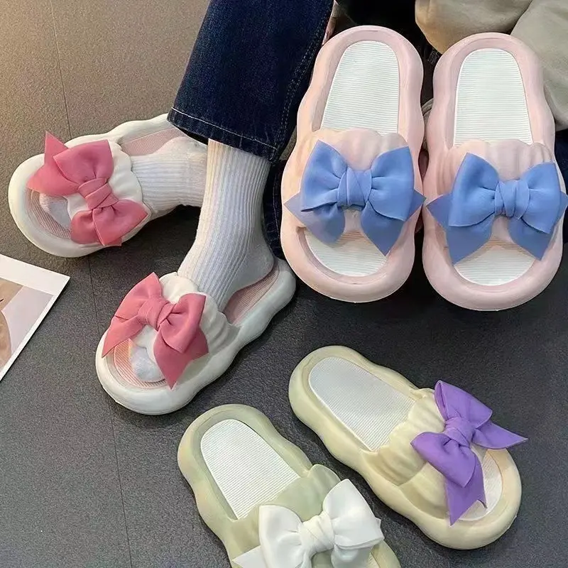 New Cute Wild Bowknot Slippers for Women Summer Outdoor Student Dormitory Non-Slip Slip Slip-on Thick-Soled Sandals for Women Walking Shoes Footwear Girl Slide Flipflop Comfort Onyx