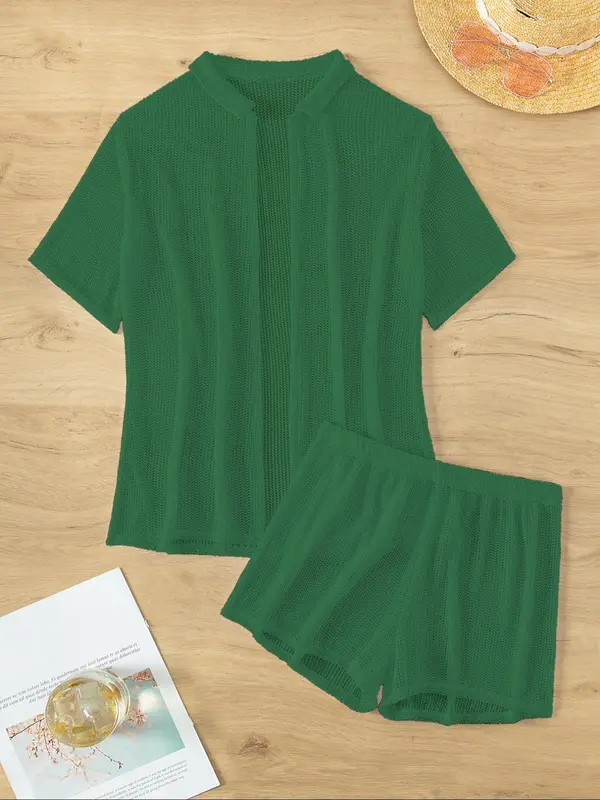 Women's Solid Color Open Front Cover Up & Shorts Set, Casual Fashion Swimwear Set for Beach Holiday Vacation, Ladies Swimsuit for All Seasons, Beach Cover Ups, Swimming 7