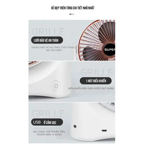 Quạt Tích Điện Mini Để Bàn Super Fan - Công Suất Lớn 3 Cấp Độ Gió Siêu Mát Động Cơ Êm Ái Xoay 210 5