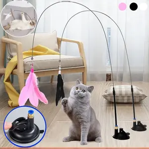 4in1 Tongkat Mainan Kucing Tiang Cakaran Kucing Tongkat Kucing Berbulu Warna Warni Bulu Ayam Cat Toy / Mainan Bulu Tongkat Lentur Bisa Di Lepas Pasang Untuk Kucing Anjing Dengan Suction Cup