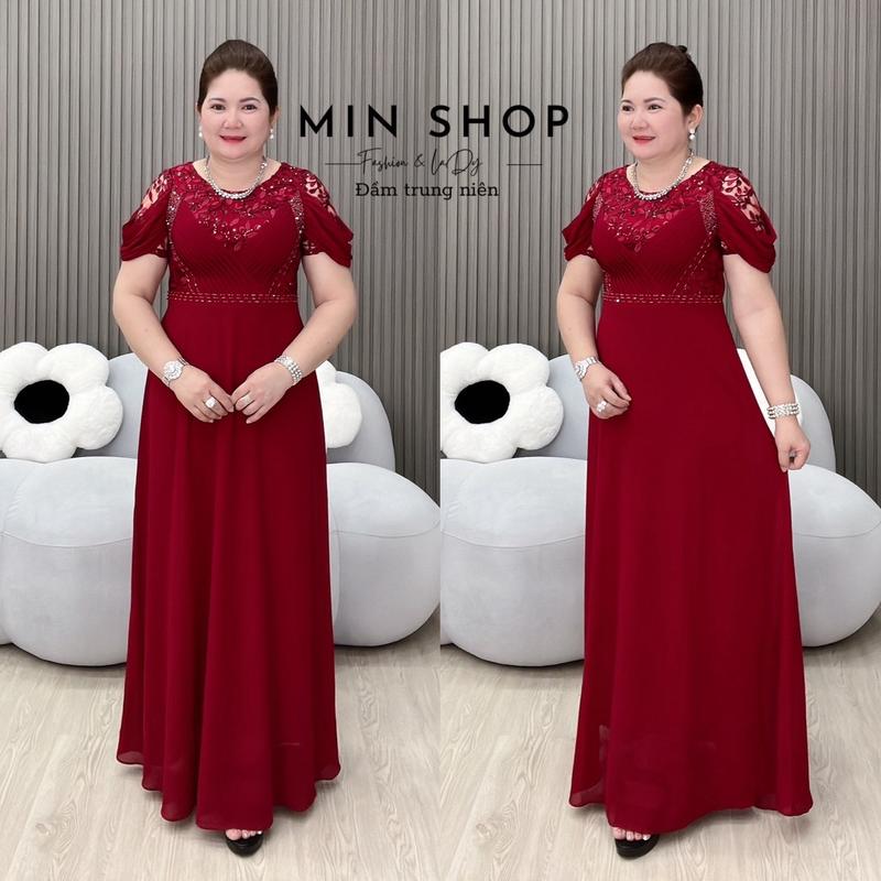 MIN SHOP - Đầm dạ hội maxi dự tiệc dáng dài trung niên cao cấp thiết kế cổ tròn tay ngắn rớt vai chất vải tằm ý - Nữ Women Dress Voan Voi Cotton