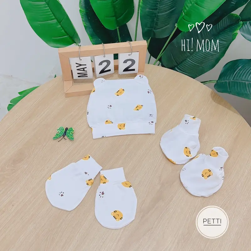 Set Mũ Kèm Bao Tay Chân Hi! Mom Nền Trắng Họa Tiết Chất Vải PETIT Mềm Mát Cho Bé Sơ Sinh (Mới) 6