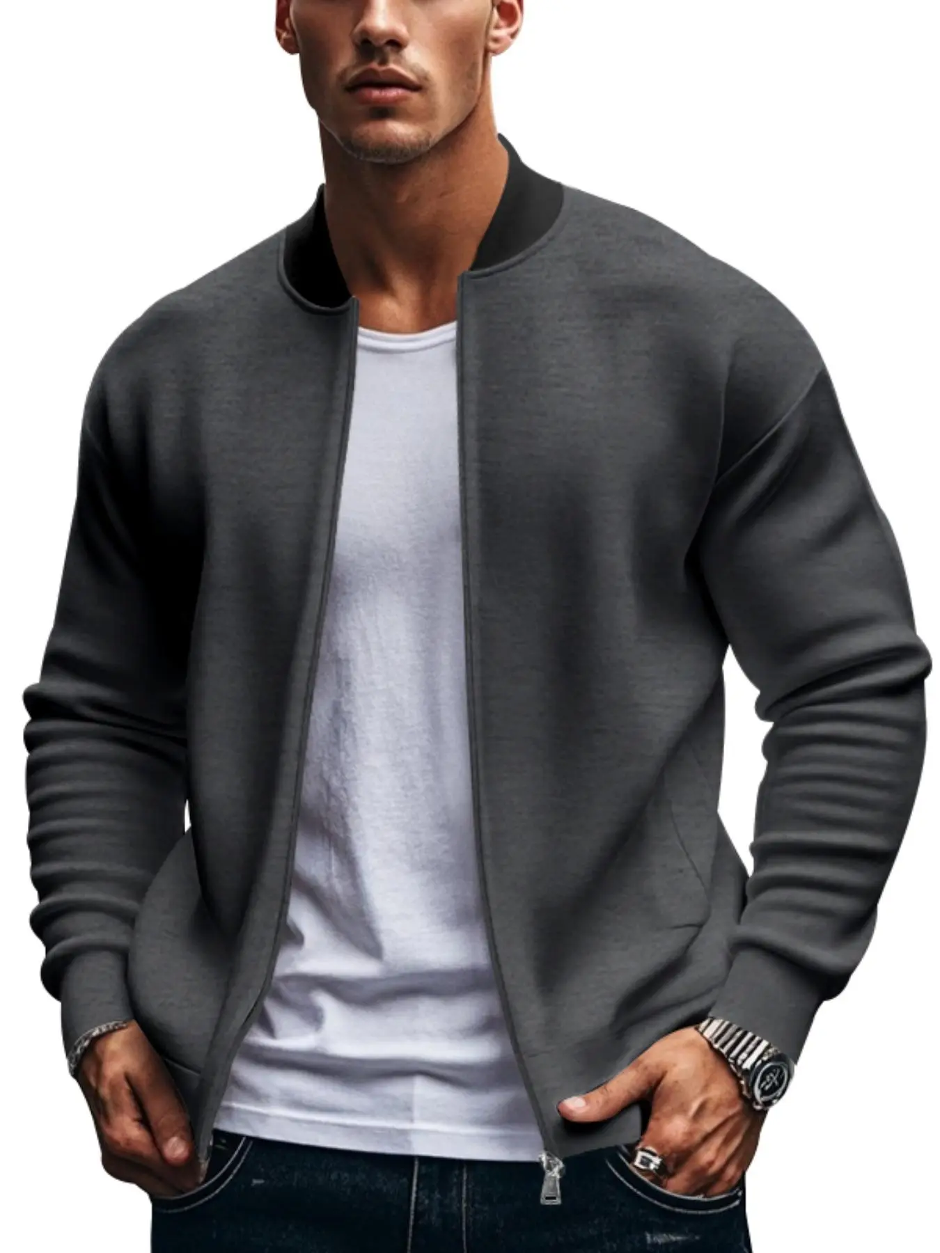 Men's Pocket Zip Up Jacket, Casual Long Sleeve Baseball Collar Outerwear for Spring & Fall, Fashion Men's Clothes for Daily Wear