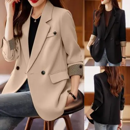 Áo blazer vest tay nẹp caro nhí phong cách Hàn Quóc Kẻ sọc Trơn Trơn Kẻ sọc Top Jacket Nữ Kem Cotton Áo Khoác