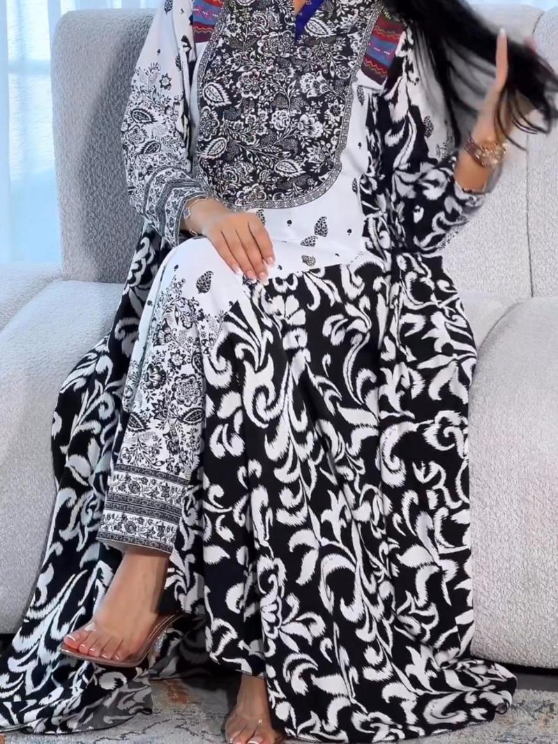 Product Introduction of Women's Ethnic Pattern Notched Neck Kaftan Dress, Boho Long Sleeve Maxi Dress for Beach Holiday Vacation, Ladies Clothes for All Seasons 5