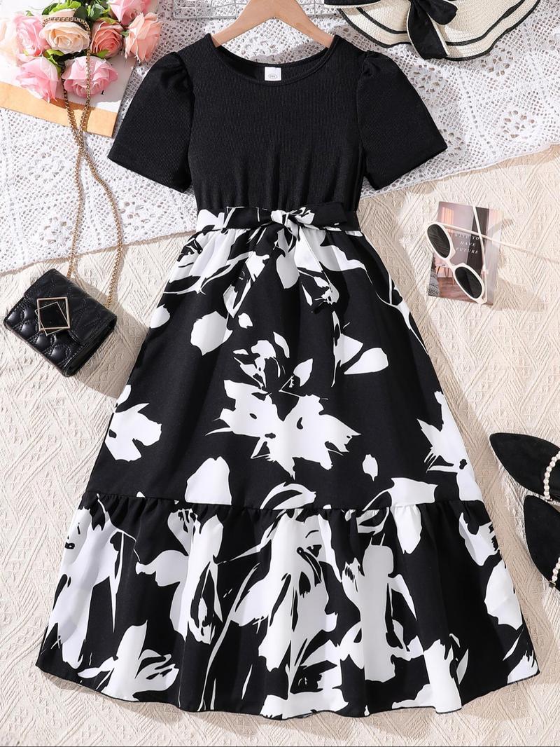 Product Introduction of Girl's Floral Print Belted A Line Dress, Elegant Fashion Casual Short Sleeve Dress for Daily Outdoor Wear, Girls Dress for Summer 4