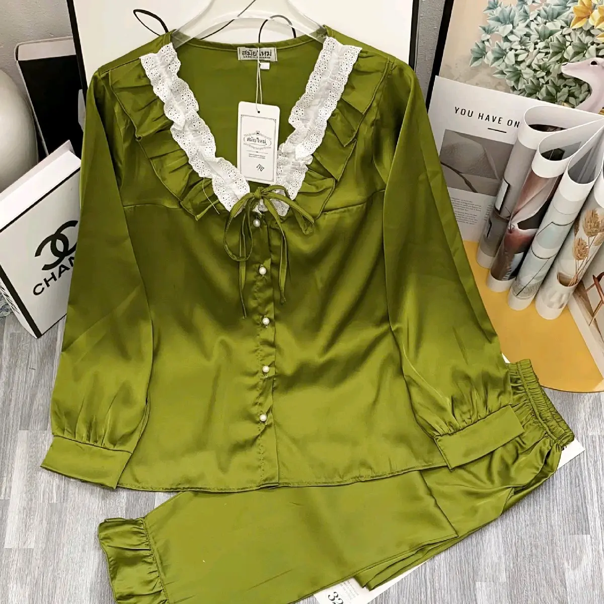 Đồ bộ pyjama mặc nhà chất lụa latin phối ren form 40_60kg