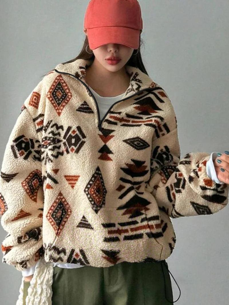 Product Introduction of Women's Geometric Print Fuzzy Drop Shoulder Half Zip Up Sweatshirt, Boho Casual Long Sleeve Pocket Pullover for Fall & Winter, Women's Clothes for Daily Wear 1