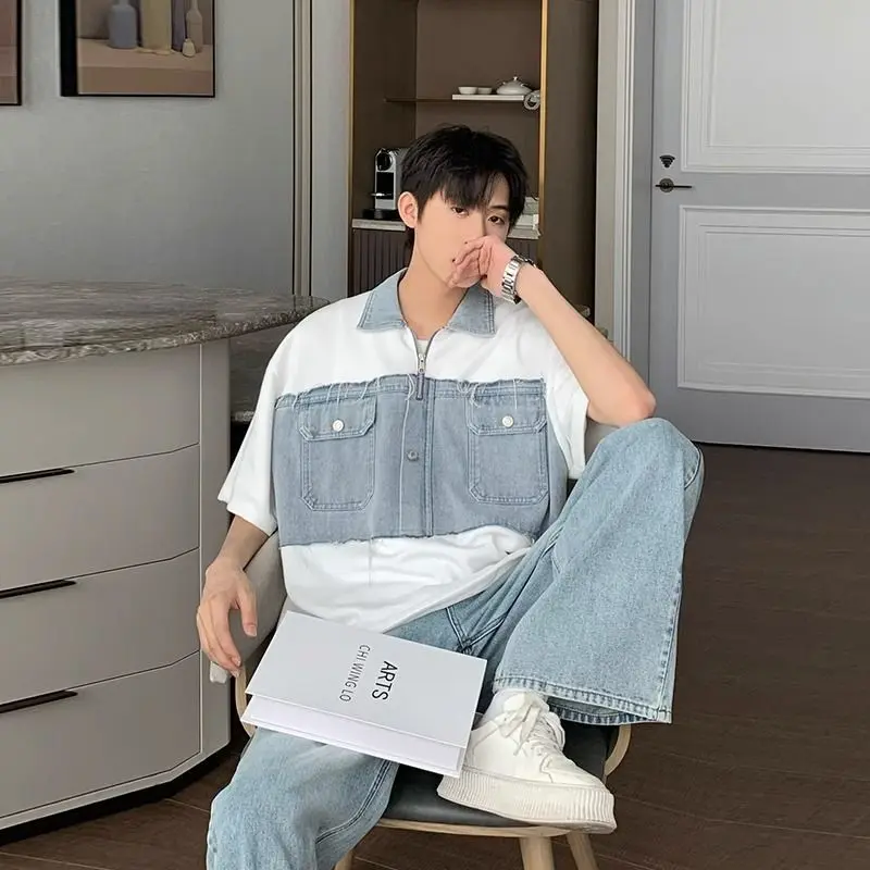 Áo Thun Phong Cách Hồng Kông Ins Thiết Kế Khâu Denim Cổ Điển Thương Hiệu Thời Trang Dáng Rộng Mùa Hè Cho Nam, Áo Polo Giả Hai Lớp 4