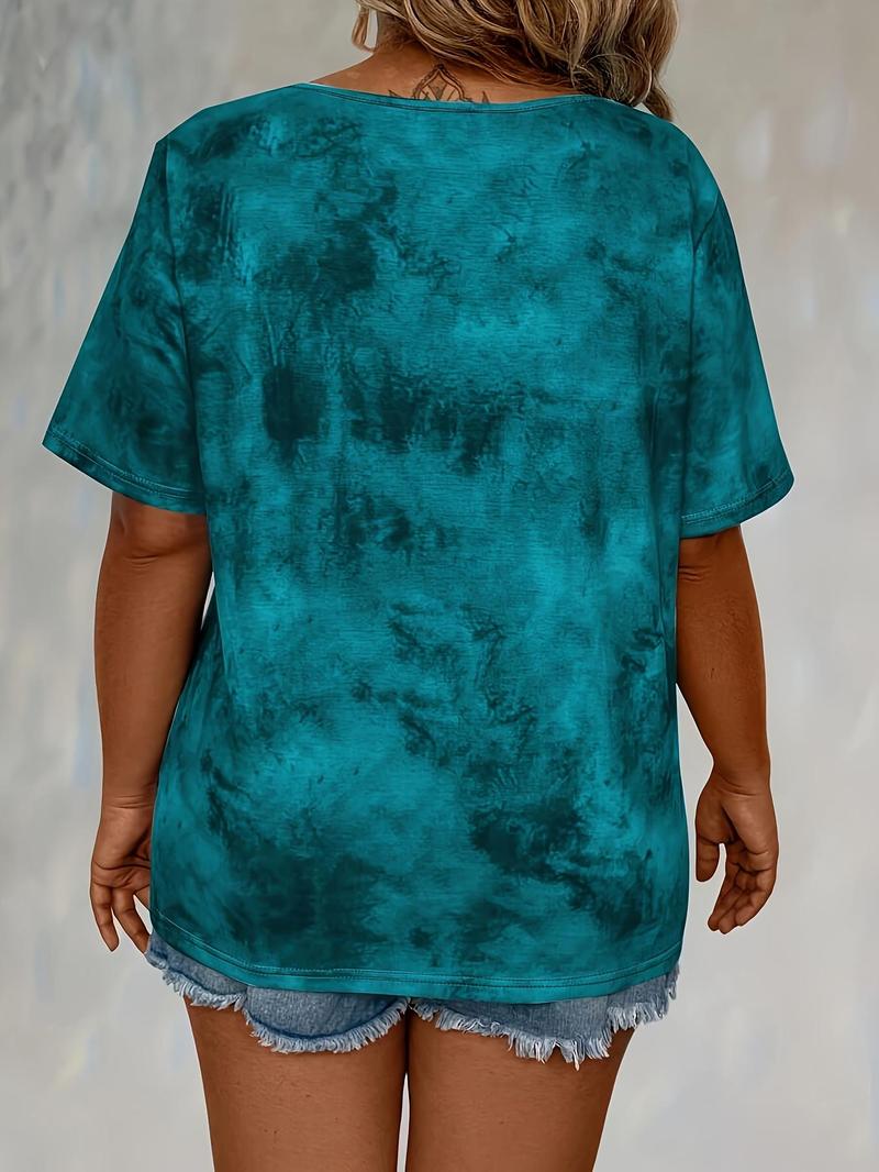 Product Introduction of 【Plus Size】 Tie Dye Print Lace Up Tee, Casual Short Sleeve T-shirt for Summer, Women's Plus Clothing for Daily Wear 2