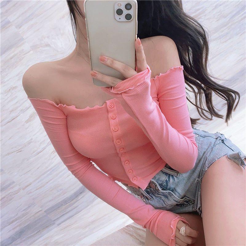 Áo Thun Dệt Kim Trễ Vai Cho Nữ Áo Ngắn Tay Gợi Cảm Thời Trang Top Tre Màu Hồng