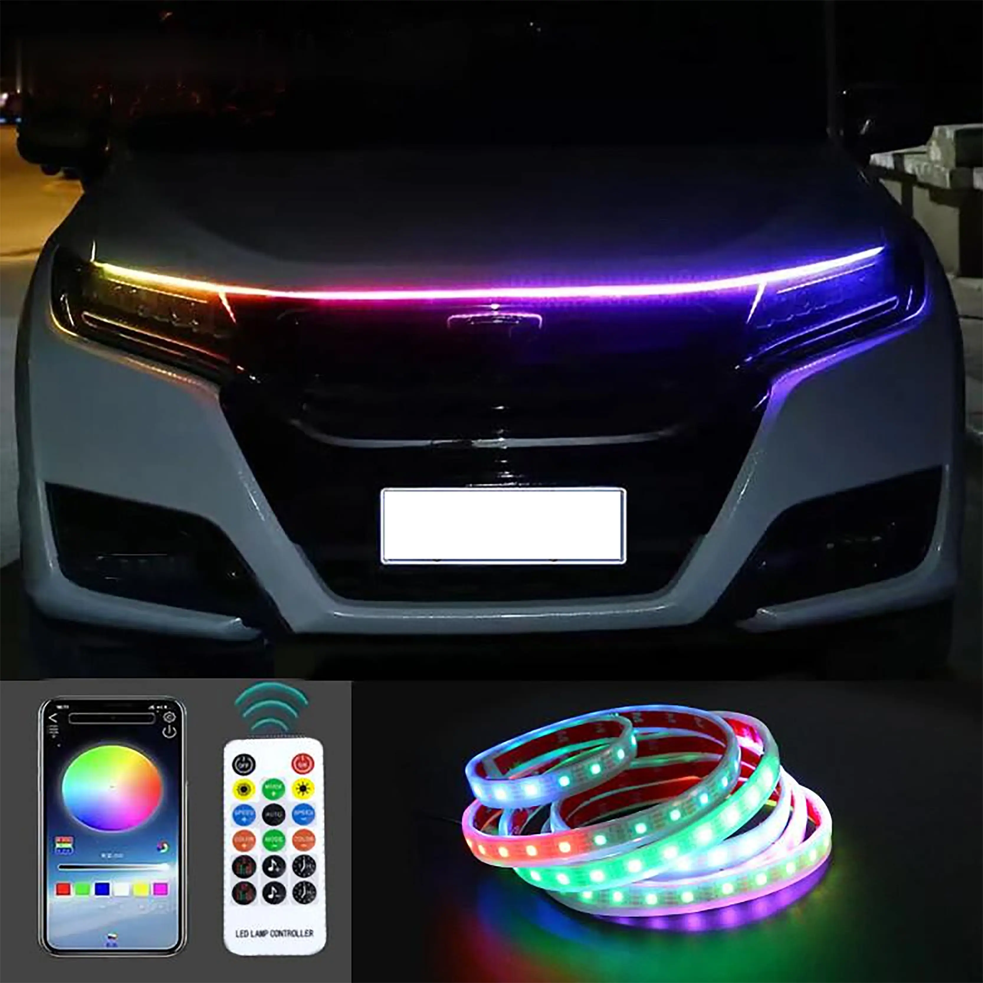 Dải Đèn LED RGB trùm ô tô 12V tự động gắn nắp capo phía trước chiều dài 180cm, nhiều màu sắc có điều khiển Automatic